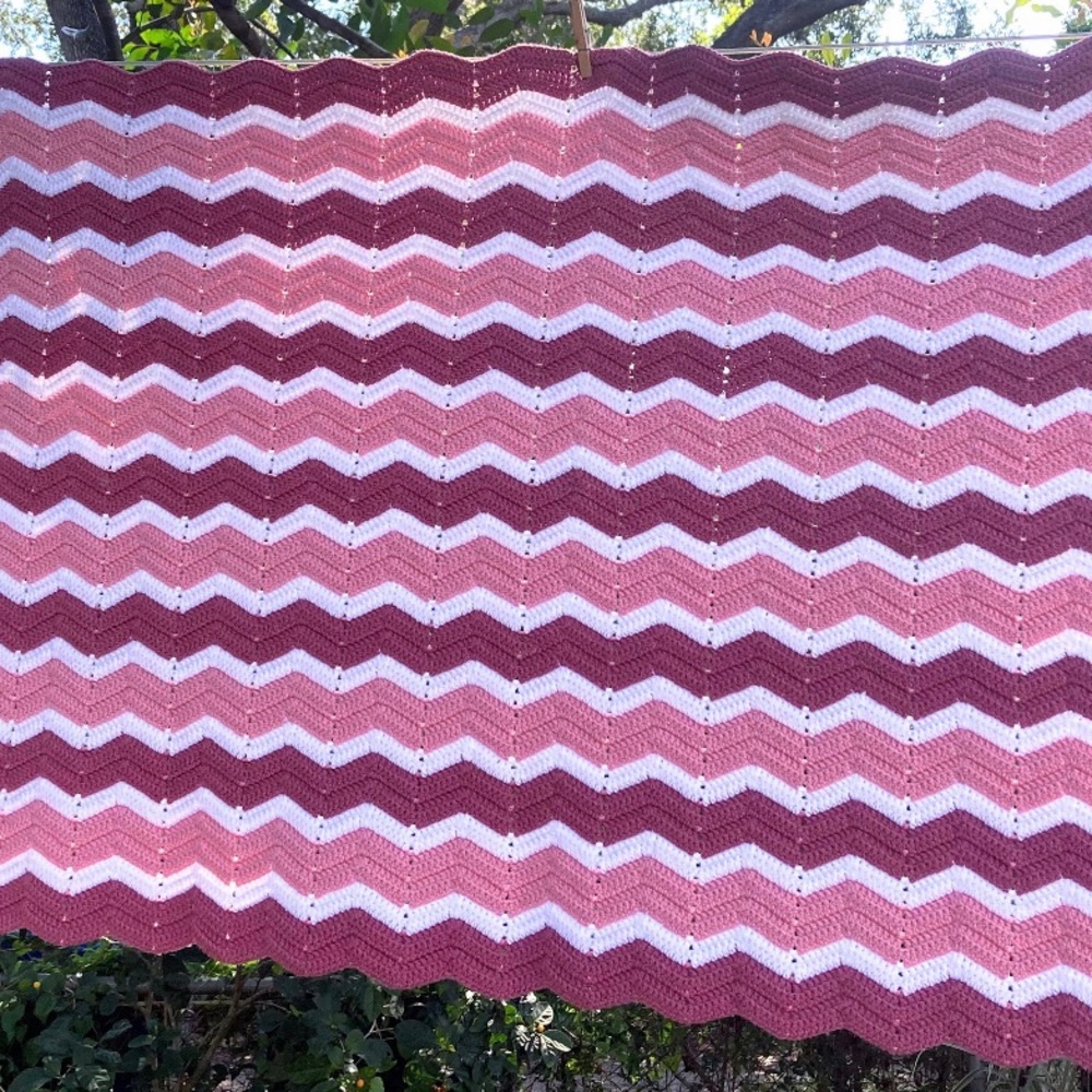 SOLD. Handmade Vintage Crochet Chevron Afghan Throw Blanket - Pink, Mauve, White